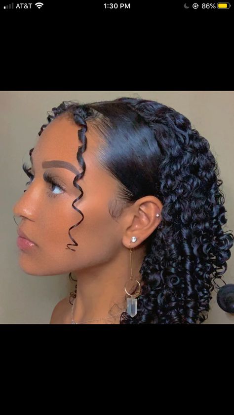 Slick In Front With Curls, Curly Hairstyles With Rhinestones, Black Hair Curls Hairstyles, Prom Hairstyles With Curly Hair, Slick Down Curly Hairstyles, Curly Down Hairstyles Black, Slick Back Bangs With Curly Hair, Slick Curly Hair Hairstyles Down, Cute Curly Hairstyles For Medium Hair Black Women