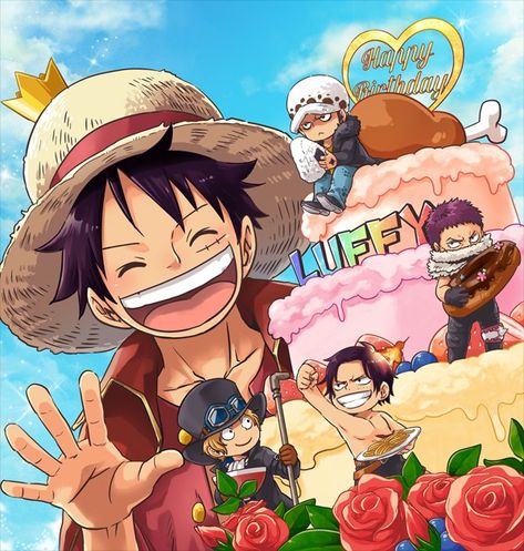 One Piece Happy Birthday Art, Happy Birthday Drawing Anime, Luffy Birthday, Katakuri X Luffy, Happy Birthday Drawing, One Piece Birthdays, Happy Birthday Drawings, One Piece Theme, Law Luffy