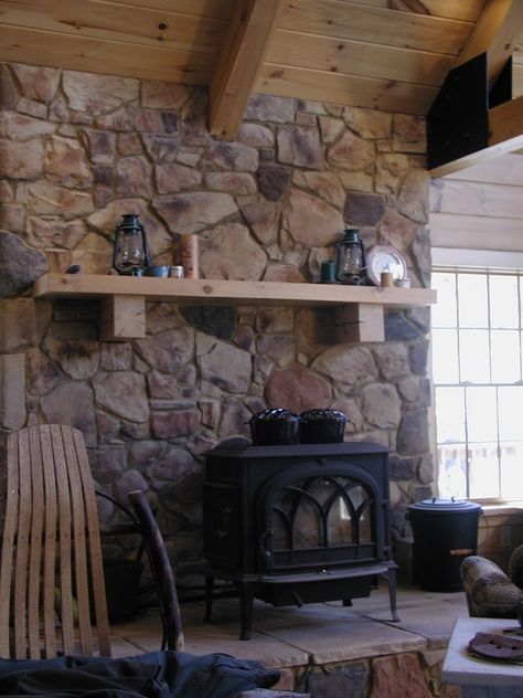 wood stove pictures, stone | wood stove with mantle and stone surround | Ideas for Home Wood Stove With Mantle, Stove Surround, Wood Stove Surround, Stove Hearth, Stove Decor, Wood Stove Hearth, Wood Stove Wall, Cabin Remodel, Wood Stove Fireplace