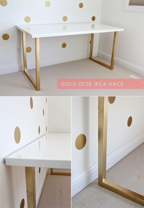 I like this. I want to do this with a white desk and just spray paint the legs gold, its a easy DIY Desk Ikea, Military Housing, Gold Desk, Ikea Desk, White Desk, Paint Diy, White Table Top, Craft Room Office, White Desks