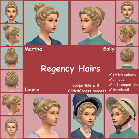 Regency Hairs This was originally going to be just one hair but I saw @gilded-ghosts‘s wip regency bonnets wanted to make sure they would fit. They were kind enough to send the meshes over and I only... 1890s Hair, Regency Hair, Sims 4 Cc Hair, Sims 4 Decades Challenge, Sims 4 Challenges, Victorian Hairstyles, Sims 4 Mm Cc, Free Sims, Sims 4 Mm