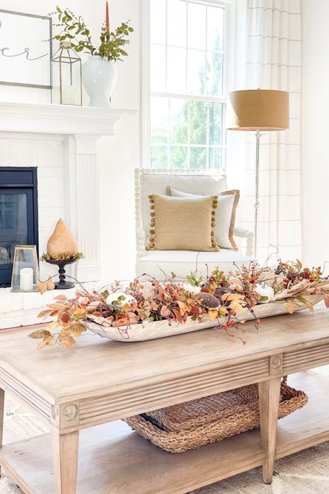 Elevate your home's ambiance with our round up fall decor ideas & autumn decorating ideas. Embrace the cozy charm of the autumn season with these autumn DIY decor ideas, fall decorating ideas, fall decorating ideas for the living room, fall decorations, fall home decor, natural fall decor, nature inspired fall decor, outdoor fall decorating ideas, pumpkin decor, Thanksgiving centerpiece ideas, unique fall decorating ideas & pumpkin displays. These fall DIY decor ideas are easy & festive! Fall Dough Bowl, Dough Bowl Centerpiece, Fall Vignettes, Fall Coffee Table, Books And Coffee, Pumpkin Display, Diy Bowl, Fall Decor Inspiration, Fall Arrangements