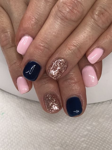 Spring Summer Fall Pink, Navy, Tose Gold Glitter Gel Nails  Light Elegance Perfect 10 & #Glitterme Akzentz Rose Gold Glitter Gel Gender Reveal Nails, Gold Gel Nails, Different Color Nails, Navy Nails, Cute Pink Nails, Hard Gel Nails, Chrome Nails Designs, Light Elegance, Gold Glitter Nails