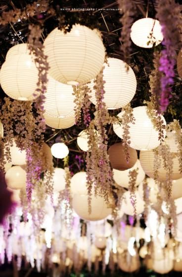 Have a bounty of beauty hanging above you and your guests at your wedding reception. During the day hanging lanterns and flowers provide shade and during the night they light up magically. A simpli… Midsummer Nights Dream, Hanging Flowers, Deco Floral, The Ceiling, Hanging Lanterns, Paper Lanterns, Bohemian Wedding, Rehearsal Dinner, Pom Poms