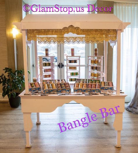 Bangle/Bindi Bar on Sangeeth & Mehandi night would be the steal of your occasion - www.glamstop.us Bangle Station Mehendi, Bangle Bar Indian Wedding, Bangle Bar Mehndi, Mehandi Night, Bangle Bar, Mehndi Bridal, Bangle Ceremony, Mehndi Ideas, Sangeet Night