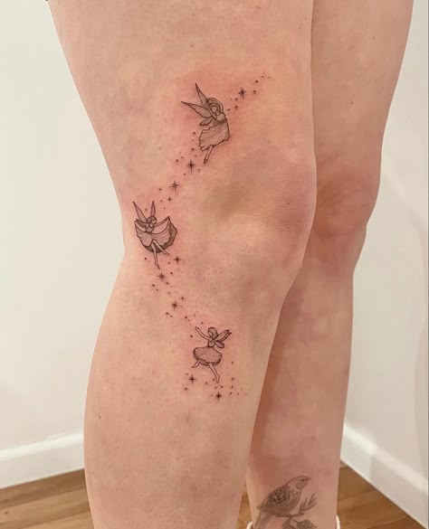 Fairy Tattoo On Thigh, Fairy Knee Tattoo, Three Fairy Tattoo, Pixie Hollow Tattoo, Girly Leg Sleeve Tattoo, Fairy Leg Tattoo, Silver Springs Tattoo, Girly Leg Tattoos, Fairy Arm Tattoo