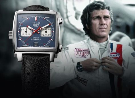 When Steve McQueen starred in Le Mans, a movie based on the Le Mans Endurance Race, he chose to use the Heuer Monaco by Swiss Heuer. Tag Heuer Monaco Steve Mcqueen, Steve Mcqueen Watch, Steve Mcqueen Le Mans, Le Mans France, Small Goals, Tag Heuer Monaco, Gulf Racing, Steve Mc, Mc Queen