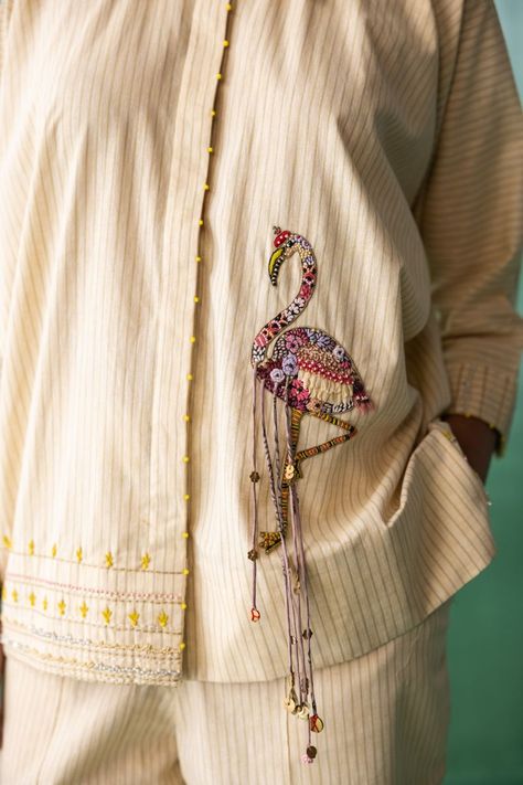 Applique artistry and sustainability fuse in Archana Jaju's new 'Raahi' collection - LuxuryFacts: News, Reviews, Features on Luxury Archana Jaju, Yellow Striped Shirt, Embroidered Patterns, Coord Sets, Pant For Women, Cord Set, Pant Women, Coord Set, Handmade Embroidery Designs