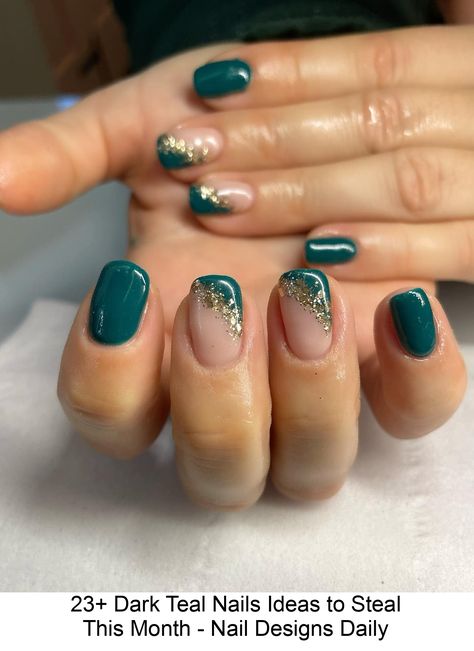 Do you love the look of dark teal nails? Are you wondering what nail design style should you go for? #green #nail #design Teal Sparkle French Tip Nails, Nail Color For Teal Dress, Teal Wedding Nails For Bridesmaid, Teal Nail Inspo Short, Teal Colour Nails, Teal Green Nail Ideas, Nails Acrylic Green Design, Teal Gel Nails Short, Teal Nail Ideas Short