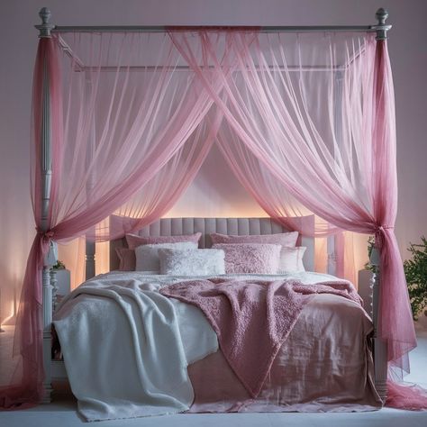 "Dreamy pink canopy bed with flowing sheer drapes, plush white and blush bedding, surrounded by soft ambient lighting in a whimsical bedroom setting." Pink Canopy Bedroom, Bed Pink Aesthetic, Canopy Bed Pink, Pink Canopy Bed, Pink Canopy, Pink Bedroom Ideas, Plush Bedding, Canopy Bedroom, Unique Themes