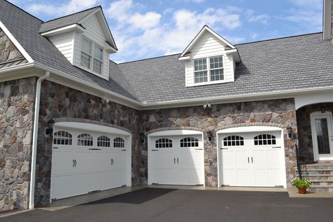 Beautiful L-shaped 4 car garage to store your collection ©Balducci Exteriors L Shaped Garage, L Shape House, House With Garage, L Shaped House Plans, Shape House, White Garage, Exterior House Siding, 4 Car Garage, L Shaped House