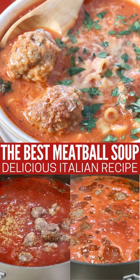 Make THE BEST Italian Meatball Soup with simple homemade meatballs, pasta and a creamy tomato broth. This incredibly flavorful soup recipe is easy to make in one pot in just 25 minutes! Meatball Soup Crockpot, Easy Meatball Soup, Mini Meatball Soup, Slow Carb Recipes, Easy Italian Meatballs, Meatballs Pasta, Pasta Soup Recipes, Italian Meatball Soup, Meatball Soup Recipes