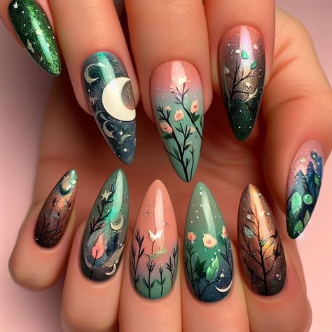 Spring Nails Dip, Ongles Goth, Cottagecore Nails, Witch Nails, Nails And Spa, Nails Dip, Witchy Nails, Wood Nails, Fantasy Nails