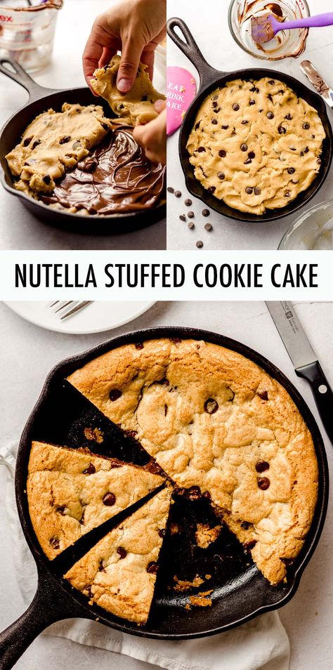 This Nutella stuffed chocolate chip cookie cake is baked in a skillet so you can dig in with some spoons and ice cream or cut it into gooey slices of plated cookie cake. However you serve it, this epic cookie cake is bound to satisfy any Nutella lover's sweet tooth! via @frshaprilflours Nutella Stuffed Cookie Cake, Chocolate Chip Nutella Pie, Cookie Nutella Pie, Cookie Nutella Cake, Nutella Cookie Pie Recipe, Stuffed Cookie Pie Recipe, Stuffed Cookie Cake, Nutella Cookie Cake, Nutella Stuffed Cookie Pie