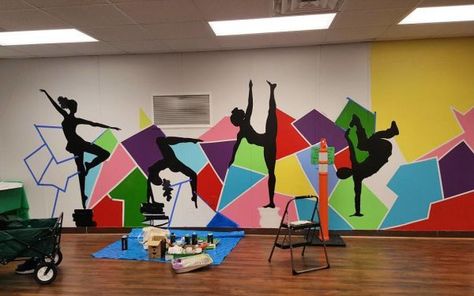 Dance Mural by Pinklomein at KIPP Generations Collegiate Dance Room Painting Ideas, Dance Studio Wall Art, Dancing Wall Art, Easy School Murals, Dance Room Decoration Ideas, Dance Wall Painting, Dance Room Ideas, School Wall Design, Dance Mural