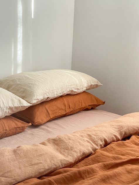 Cinnamon Colored Bed Sheets, Terracotta Bed Linen, Oatmeal And Terracotta Bedding, Orange Linen Bedding, Ochre Linen Bedding, Bed Orange Aesthetic, Terracotta Bedsheet, Terracotta Sheets Bedroom, Orange Sheets Bedrooms