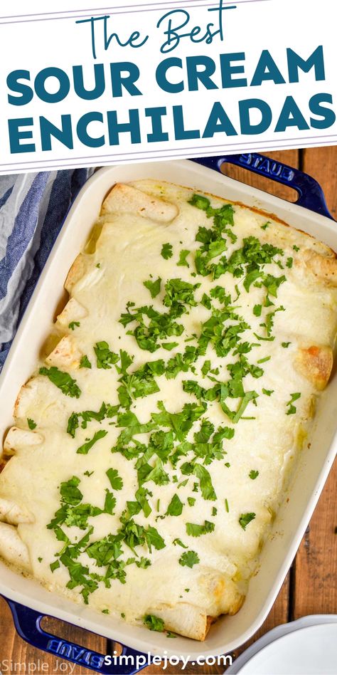 These Sour Cream Chicken Enchiladas are good to the very last drop of sauce on your plate.  Your family will love this amazing and delicious dish! Frozen Enchiladas, Sour Cream Chicken Enchiladas, Cream Chicken Enchiladas, Mexican Favorites, Sour Cream Enchiladas, Arugula Salad Recipes, Enchilada Ingredients, Cream Chicken, Freezer Food