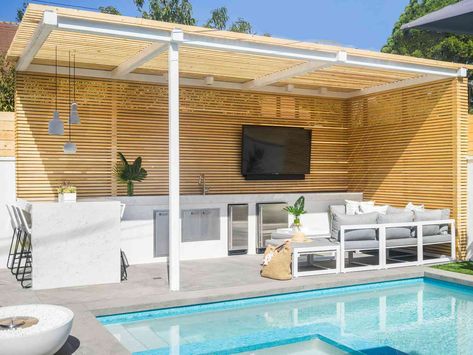 Pool Reference, Small Garden Gazebo, Backyard Pool Cabana, Diy Fence Ideas, Pool Cabana Ideas, Luxurious Backyard, Pool Gazebo, California Backyard, Pool Pavilion