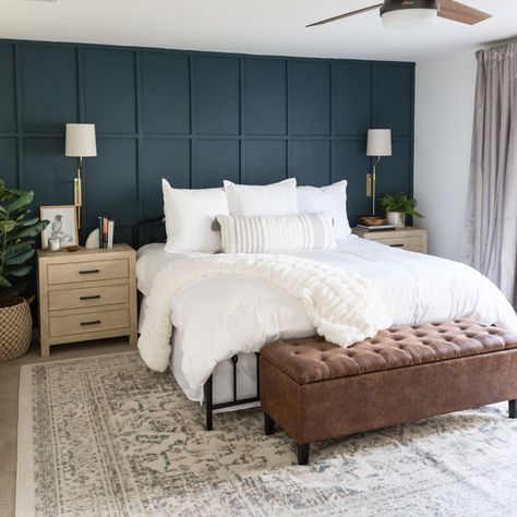 Vaulted Ceiling Master Bedroom - Transitional - Bedroom - Cleveland - by Laura of Pembroke | Houzz Blue Accent Walls, Transitional Bedroom, Copper Design, Accent Wall Bedroom, Bedroom Layouts, Farmhouse Bedroom, Master Bedrooms Decor, Remodel Bedroom, Beautiful Bedrooms