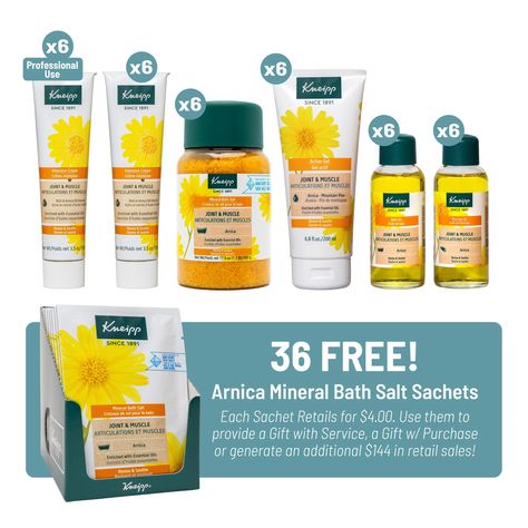 Discover the centuries-old benefits of arnica, a natural remedy with soothing effects. Widely recognized for its calming properties, Arnica Montana extract is infused in Kneipp Joint & Muscle gels, creams, and bath products to comfort hands and overworked muscles. Our Arnica Relief Kit offers more than mere product Arnica Montana, Spa Business, Herbal Magic, Retail Sales, Natural Remedy, Bath Products, Massage Therapist, Pain Relief, Muscles