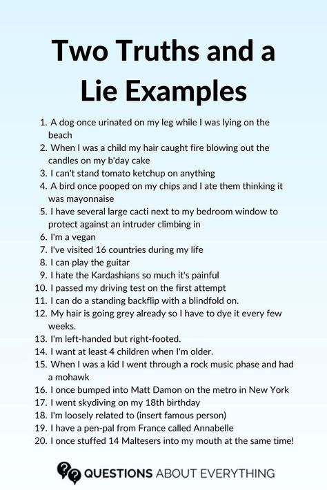 list of 20 two truths and a lie examples 2 Truths And A Lie, Conversation Games, Quizzes And Answers, Question Games, Two Truths And A Lie, Games To Play With Friends, Small Group Games, Conversation Starter Questions, Truth Or Truth Questions