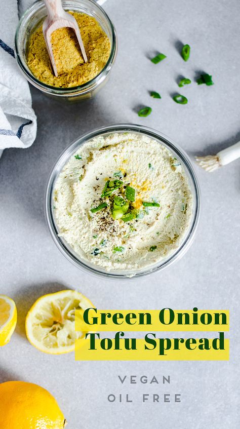 Green Onion Tofu Spread — Murielle Banackissa Vegan Spreads And Dips, Tofu Spread Recipe, Tofu Spread, Eggplant Chickpea, Fridge Staples, Vegan Spreads, Food Dips, Unprocessed Recipes, Green Onions Recipes