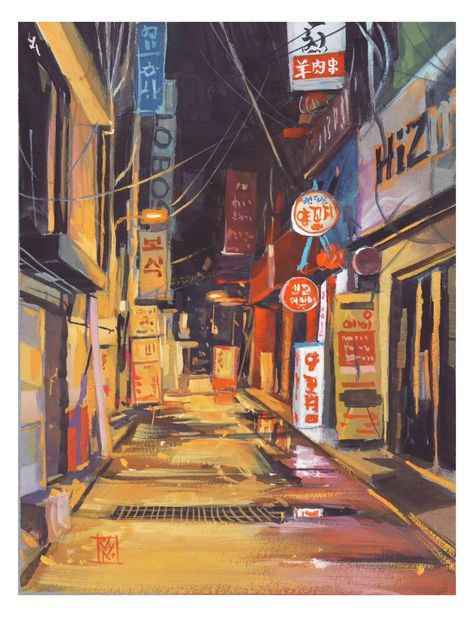 Tokyo Street Painting, Tokyo Painting Easy, Japanese Street Drawing, Tokyo Painting, Landscape Painting Tutorial, Japan Painting, Ap Studio Art, Street Painting, Japan Street