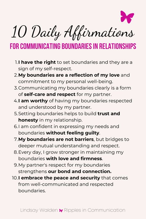 Strengthen your ability to communicate and uphold boundaries with these empowering daily affirmations. Perfect for anyone looking to enhance mutual understanding and respect in their relationship. Save, share, and practice these affirmations to transform your communication. #DailyAffirmations #HealthyBoundaries Gaslighting In Relationships, Be A Better Partner, Communication Is Important, 10 Affirmations, Better Partner, Building Healthy Relationships, How To Communicate Better, Relationship Communication, Love And Understanding