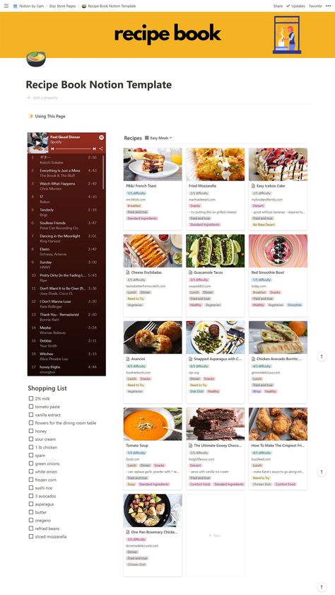 #Essen #Organisation #Recipe_Notion_Page #Notion_Cookbook_Template Recipe Notion Page, Food Notion Template, Meal Prep Notion Template, Notion Cookbook Template, Notion Recipe Book, Notion Cooking Template, Notion Template Recipe, Notion Playlists, Notion Recipe Template