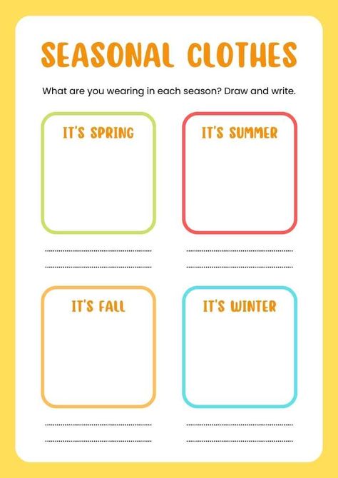 Seasonal Clothes English Draw And Write Worksheet Seasons And Clothes Worksheet, Clothes Worksheet, Summer Packing Lists, Draw And Write, Cut And Paste Worksheets, Summer Packing, Notes Inspiration, English Worksheets, White Minimalist