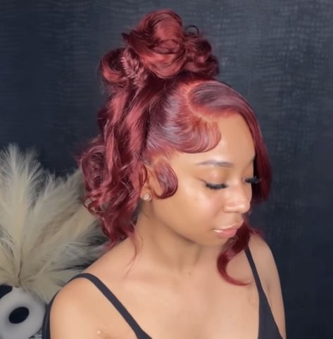 Burgundy Up Down Hairstyle, Burgundy Updo Black Women, Burgundy Wig Updo, Red Frontal Updo, Red Frontal Ponytail, Red Double Frontal Ponytail, Red Updo Wig, Red Updo Hairstyles For Black Women, Burgundy Frontal Ponytail