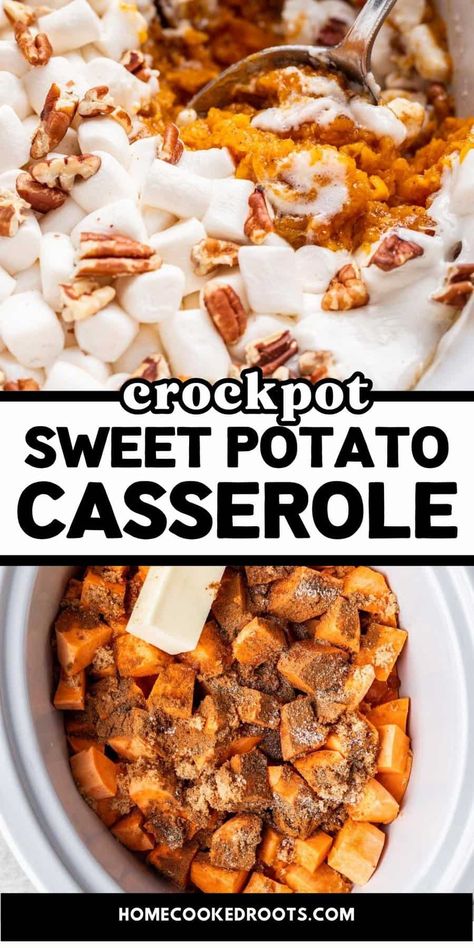 Free up your oven space and make this Crockpot Sweet Potato Casserole! Slow cooking all day caramelizes the sweet potatoes and infuses the casserole with warm cinnamon and pumpkin pie spice. All you need is 7 simple ingredients. Crockpot Sweet Potato Casserole, Crockpot Sides, Sweet Potato Casserole Crock Pot, Crockpot Potatoes, Baked Sweet Potato Casserole, Crock Pot Sweet Potatoes, Sweet Potatoes With Marshmallows, Sweet Potato Casserole Easy, Slow Cooker Sweet Potatoes