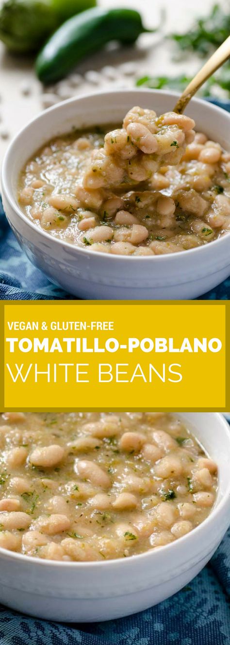 These tomatillo poblano white beans are a warm stew of perfectly creamy beans, tart tomatillos, spicy poblano pepper, onion, cumin, and oregano. They can be made in less than 40 minutes in your Instant Pot. From Kathy Hesters new book The Ultimate Vegan Cookbook for your Instant Pot. veganmexican | instantpot | vegan | gluten-free | stew | healthy Soup Recipes Spicy, Creamy Beans, Recipes Spicy, Poblano Pepper, Vegan Instant Pot Recipes, Vegan Cookbook, Vegan Soups, White Bean, Bean Soup