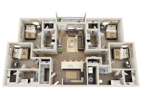 College Apartment Floor Plans, Apartment Blueprints, Small Apartment Floor Plans, Philippines House Design, 3d House Plans, 4 Bedroom Apartments, Bed Apartment, Apartment Floor Plan, House Floor Design