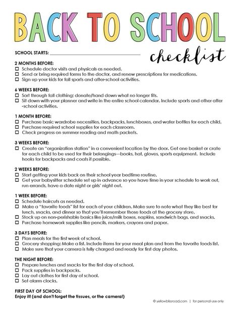 Free Printable Back to School Checklist - Yellow Bliss Road Back To School Checklist, School Checklist, Back To School Organization, Back To School Hacks, School Supplies List, School Printables, Grammar School, Back 2 School, School Related