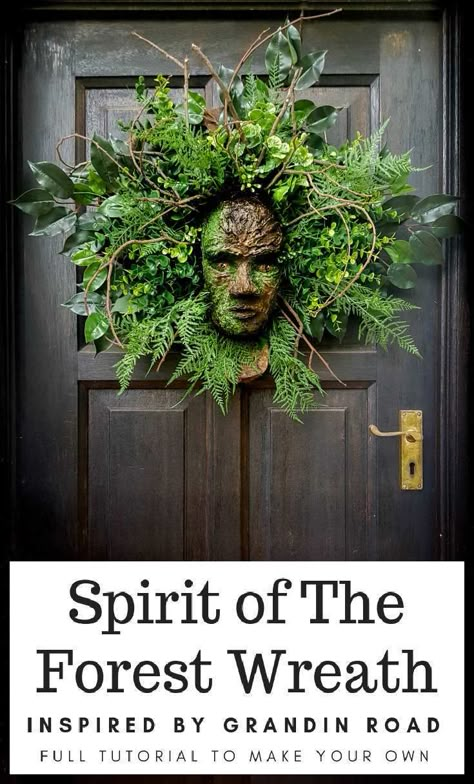 How to make a Spirit in the Forest wreath. A Grandin Road knock-off that looks amazing and you'll have so much fun doing it. #GrandinRoad #spiritoftheforest #greenmanwreath #SpringHomeDecor #DIYHomeDecor #HalloweenWreath #DIYTutorial Forest Wreath, Spirit Of The Forest, Witchy Crafts, Deco Originale, Grandin Road, Theme Halloween, Floral Foam, Art Garden, Art Sculptures