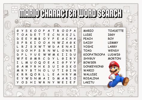 My Super Mario Boy: Super Mario Printable Word Searches Super Mario Bros Party, Mario Bros Party, Super Mario Birthday Party, Character Words, Word Search Printables, Mario Birthday Party, Super Mario Birthday, Super Mario Party, Video Games Birthday