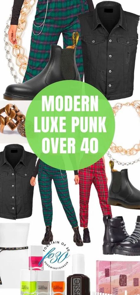 For modern luxe punk over 40 keep elements to subtle details and invest in quality pieces to elevate your look into luxe with an edge. #punk #fashion #luxepunk #over40 #style Dressy Punk Outfits, Punk London 80s, Punk Goth Clothes, Punk Fashion Over 40, Punk Style Over 50, Older Punk Women, Punk Rock Teacher Outfits, Summer Punk Fashion, Grown Up Punk Style