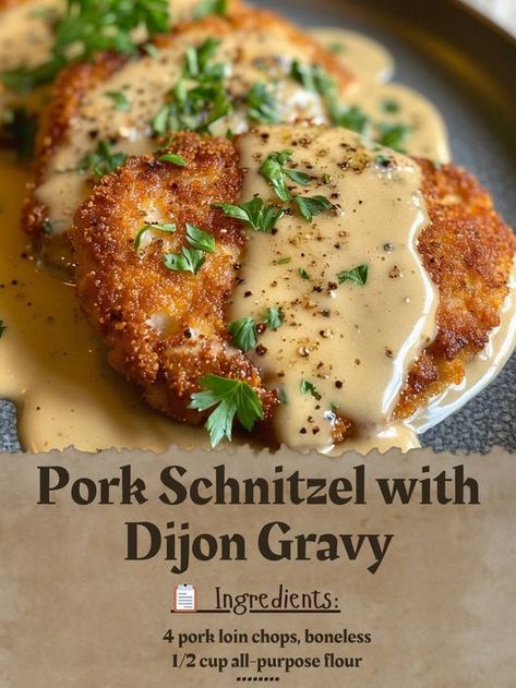 German Style Pork Chops, Pork Schnitzel With Dijon Gravy, Pork Loin Steaks Recipes, Crenn Recipes, Pork Snitzel, Dijon Gravy, Pork Schnitzel Recipe, Food Authentic, Dijon Sauce