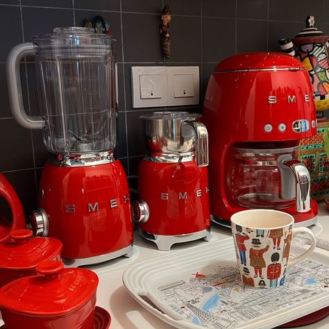 #mysmeg #myredkitchen #maximalism Red Fridge Kitchen, Copper Kitchen Appliances, Red Kitchen Appliances, Red Kitchen Utensils, Red Fridge, Red Appliances, 50s Home, Desert Retreat, Joshua Tree House