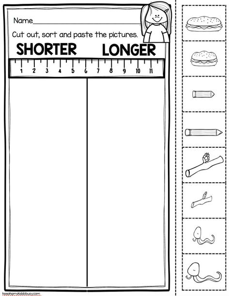 Kindergarten Measurement and Data worksheet - cut and paste shorter and longer activity Kindergarten Measurement Activities, Kindergarten Measurement, Measurement Kindergarten, Measurement Worksheets, Measurement Activities, Cut And Paste Worksheets, Worksheets Kindergarten, Math Measurement, Prek Math