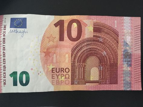 The 10 euro banknote is red and represents Romanesque architecture from the Middle Ages. The rounded arch shown on the front of the banknote is a key feature of the Romanesque era. Money Bill, Baby Sitting, Euro Coins, Fake Money, Error Coins, Editorial Illustration, Old Ones, Bank Notes, Sephora