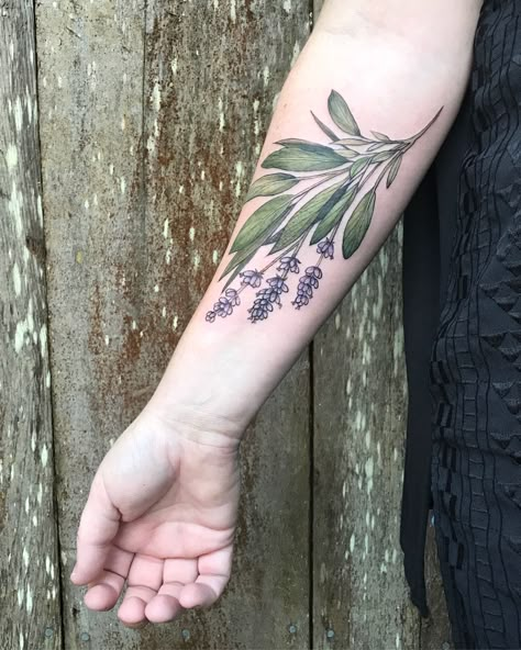 Lavender and sage tattoo by Annelise Kinney Sage Tattoo, Tattoo 101, Herb Tattoo, Plant Tattoos, Lavender Bundle, Botanical Tattoos, Purple Tattoos, Lavender Tattoo, Floral Tattoos