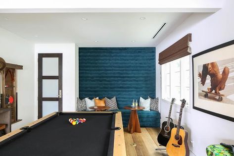 Coastal Game Room, Garage Game Rooms, Game Room Kids, Built In Banquette, Game Room Basement, Banquette Seating, Coastal Interiors, Room Kids, Built In Cabinets