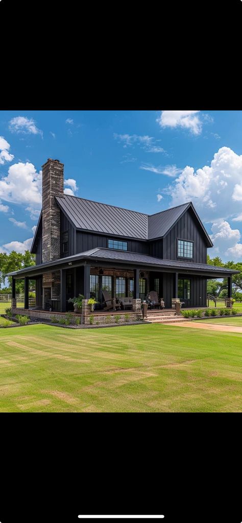 Black House With Wrap Around Porch, Barndo With Wrap Around Porch, Wrap Around Porch Barndominium, Black Tin Roof House, Black And Wood Exterior House, Black Barndo, Farm Houseplans, Tin Roof House, Dark Houses