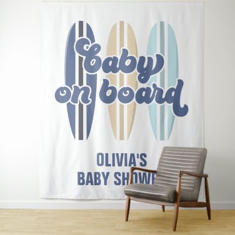 Baby on Board Surfboard Beach Baby Shower Tapestry Summer Party - baby on board, surfing baby shower, surfboards, beach baby shower, summer, blue, boy baby shower, navy, surf Surfer Baby Shower, Baby Shower Summer, Surfer Baby, Baby Shower Themes Neutral, Surf Baby, Beach Baby Showers, Picnic Theme, California Gifts, Surf Gifts