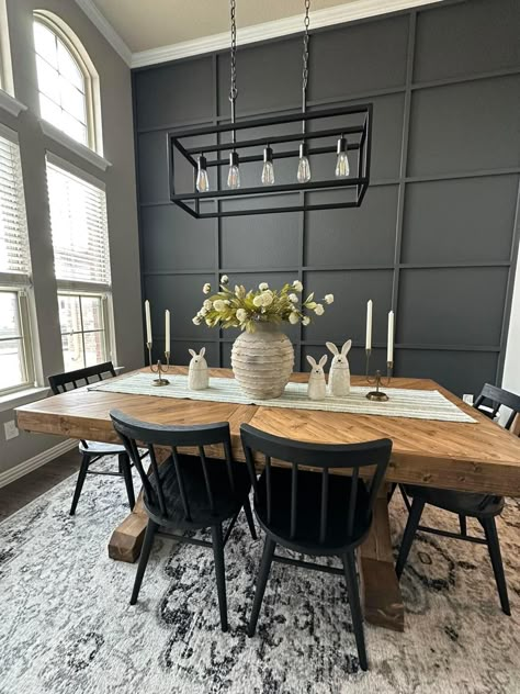 Dark Grey Accent Wall Dining Room, Dining Room With High Ceilings, Black Walls Dining Room, Dining Room With Black Accents, Sw Iron Ore Accent Wall, Black Accent Wall Kitchen, Iron Ore Accent Wall Bedroom, Black Wall Dining Room, Black Accent Wall Dining Room