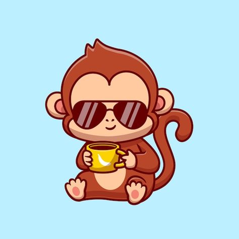 Cute cool monkey drink coffee illustrati... | Premium Vector #Freepik #vector #chimp #cute-monkey #monkey #monkey-cartoon Monkey Logo Design, Cool Monkey, Monkey Drawing, Monkey Illustration, Monkey Logo, Monkey Stickers, Coffee Cartoon, Cartoon Monkey, Monkey Art