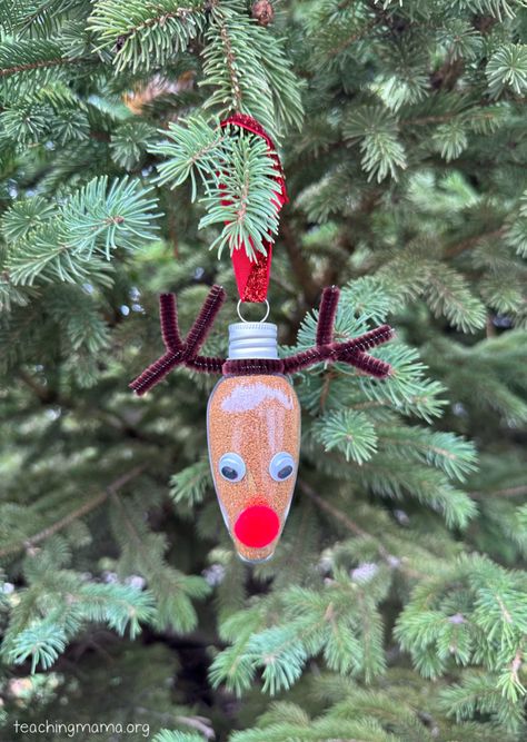 The Cutest Rudolph Ornament Reindeer Lightbulb Ornaments, Reindeer Ornaments For Kids To Make, Rudolph Ornaments Diy, Christmas Light Bulb Ornaments, Diy Christmas Bulbs, Rudolph Ornaments, Rudolph Crafts, Reindeer Diy, Christmas Ornaments Diy Kids