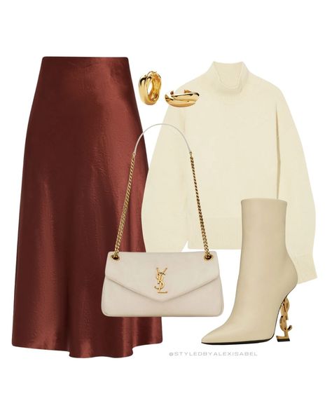 Alex Isabel (@styledbyalexisabel) • Instagram photos and videos Silk Skirt Sweater, Skirt Winter Outfits, Ysl Earrings, Vince Boots, Diverse Fashion, Cream Outfit, Bag Ysl, Skirt Winter, Skirt Sweater